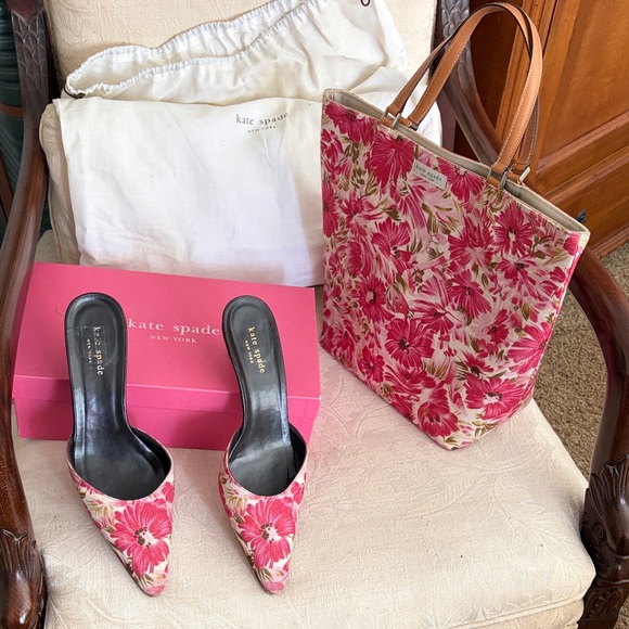 kate spade Shoes - kate spade Pink Floral Pointed-Toe Slip-On Mules with matching bag.